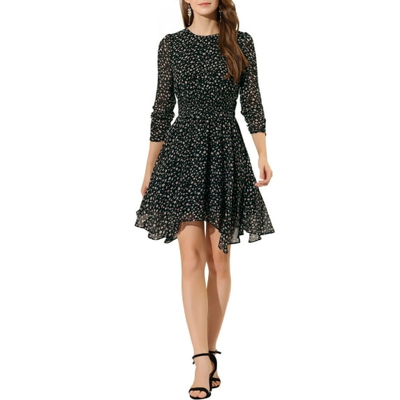 Allegra K Women's Floral Dress Shirred Sleeve Smocked Dresses