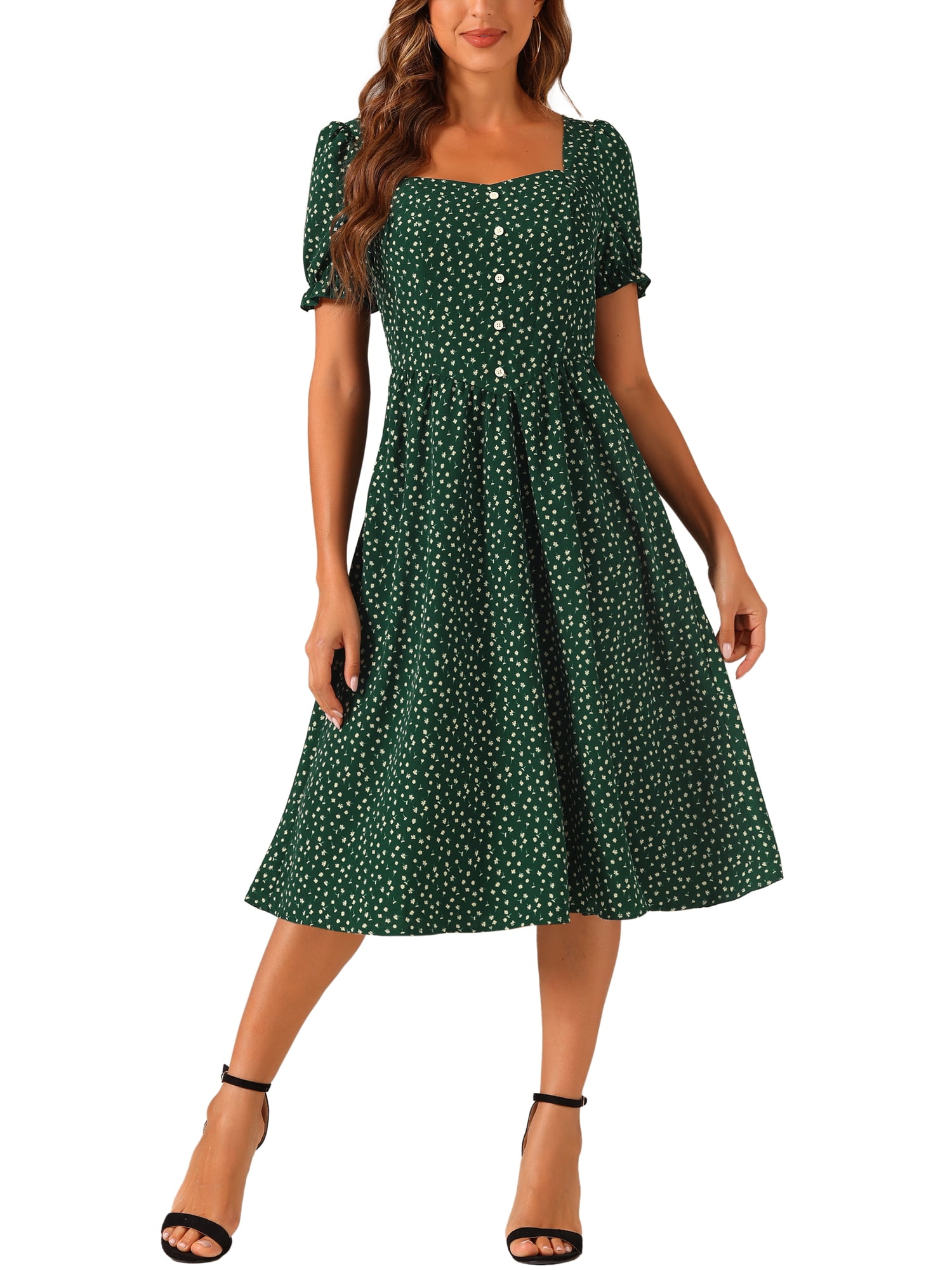 Aemi + Co Cutout Back Floral Square Neck Puff Sleeve Midi Dress