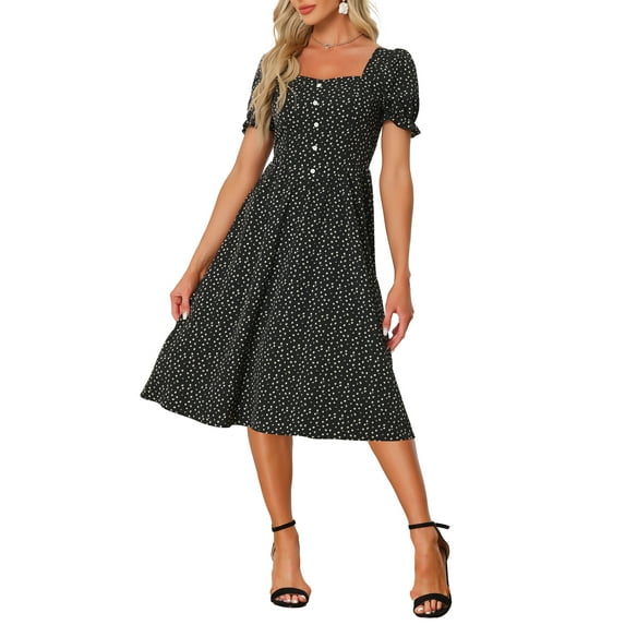 Allegra K Women's Floral Dress Square Neck Button Decor Puff Short Sleeve Midi Dress