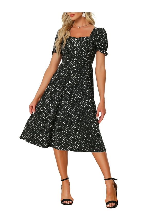 Allegra K Women's Floral Dress Square Neck Button Decor Puff Short Sleeve Midi Dress