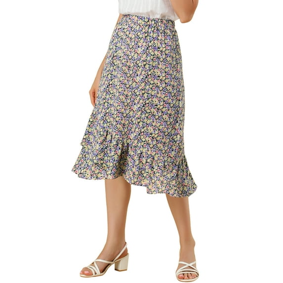Allegra K Women's Floral Elastic Waist Ruffle High Low Hem Skirts