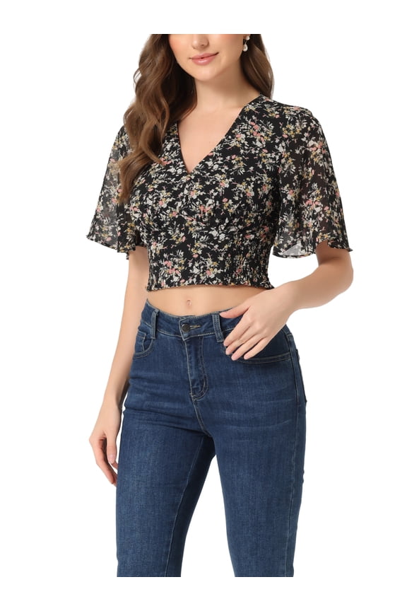 Women's Floral Crop Top V Neck Flare Sleeve Smocked Hem Blouse Black L
