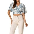 thumbnail image 1 of INSPIRE CHIC Women's Floral Flare Short Sleeve V Neck Summer Smocked Crop Tops L White Blue, 1 of 7