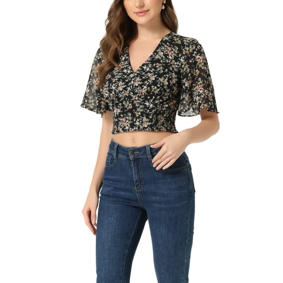INSPIRE CHIC Women's Floral Flare Short Sleeve V Neck Summer Smocked Crop Tops M Black