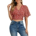 thumbnail image 1 of INSPIRE CHIC Women's Floral Flare Short Sleeve V Neck Summer Smocked Crop Tops M Burgundy, 1 of 4