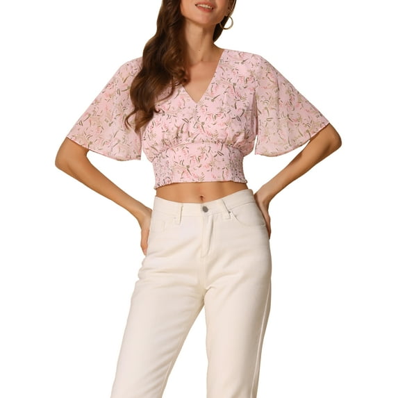 INSPIRE CHIC Women's Floral Flare Short Sleeve V Neck Summer Smocked Crop Tops M Light Pink