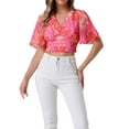 thumbnail image 1 of INSPIRE CHIC Women's Floral Flare Short Sleeve V Neck Summer Smocked Crop Tops S Hot Pink, 1 of 7