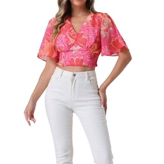 INSPIRE CHIC Women's Floral Flare Short Sleeve V Neck Summer Smocked Crop Tops S Hot Pink