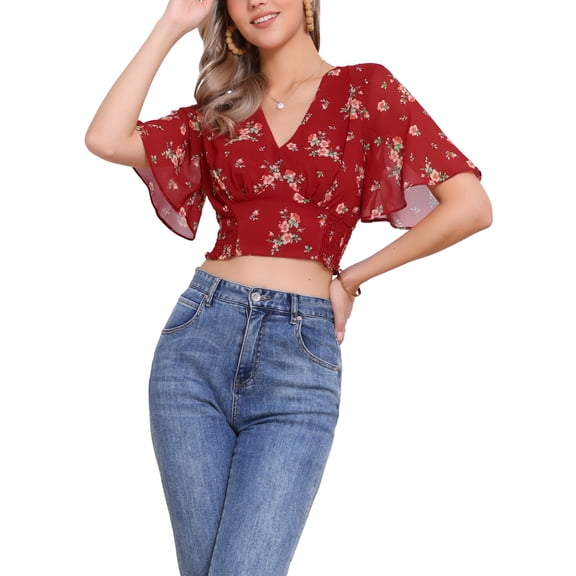 INSPIRE CHIC Women's Floral Crop Top V Neck Flare Sleeve Smocked Hem Blouse Red XS