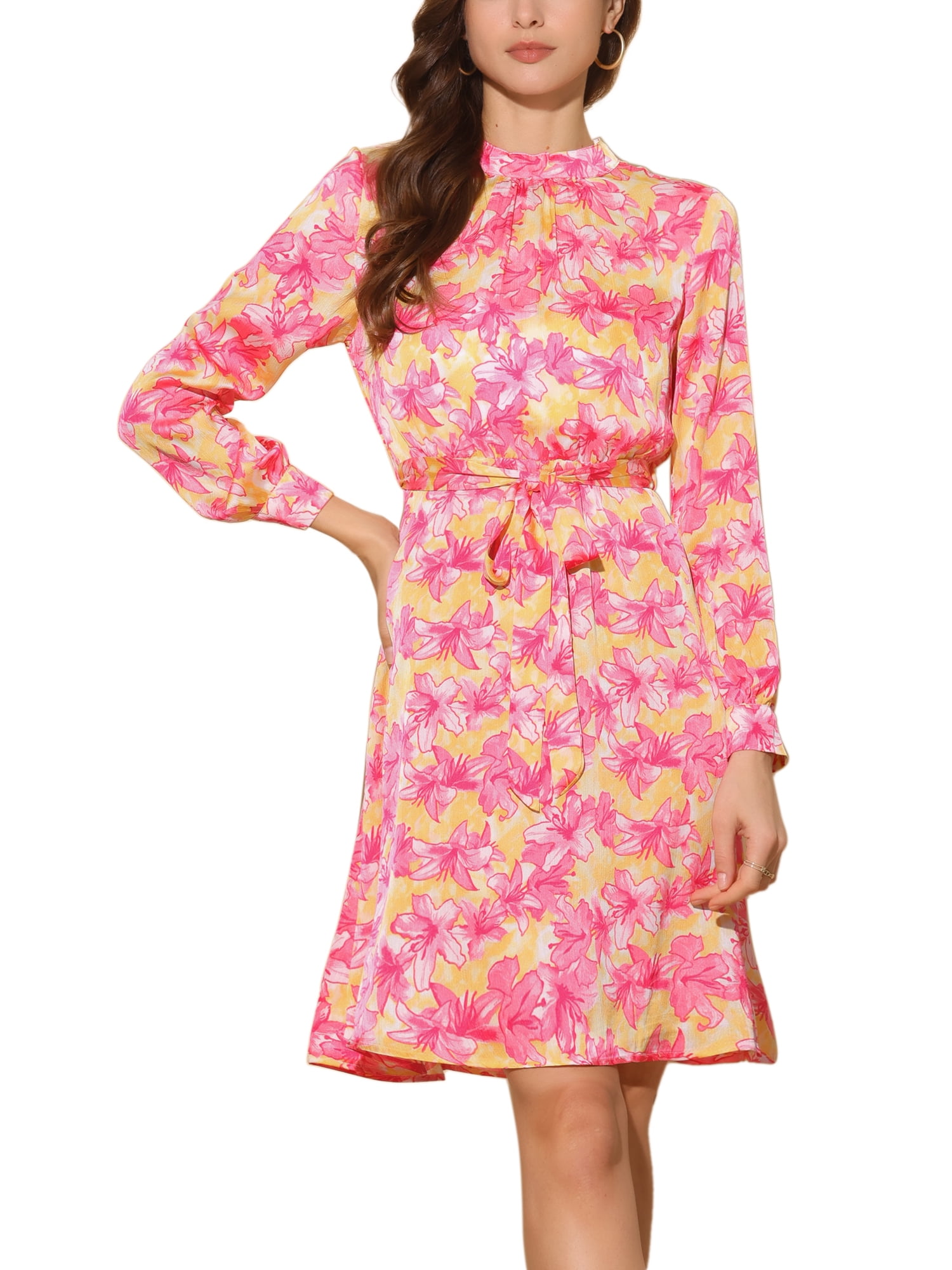 Women's Pink Floral Printed Bell Sleeve Fit & Flare Maxi Dress