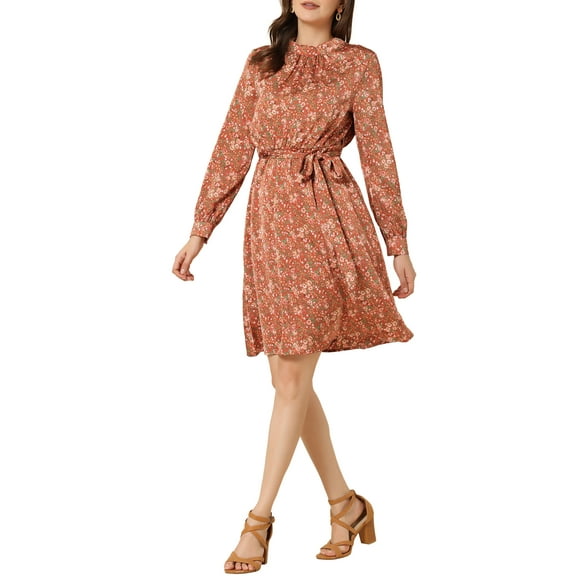 INSPIRE CHIC Women's Floral Dress Mock Neck Long Sleeve Tie Waist Knee Length Boho Dress M Brick