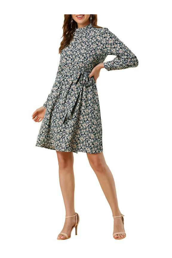 Women's Floral Dress Mock Neck Long Sleeve Tie Waist Knee Length Boho Dress M Navy