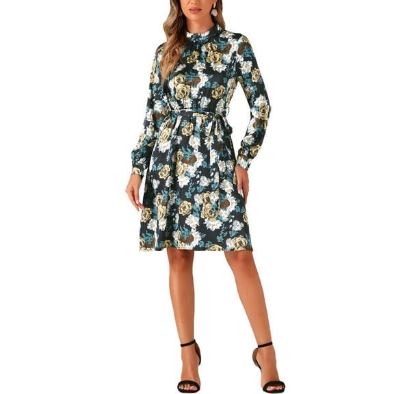 INSPIRE CHIC Women's Floral Dress Mock Neck Long Sleeve Tie Waist Knee Length Boho Dress XL Yellow leaves