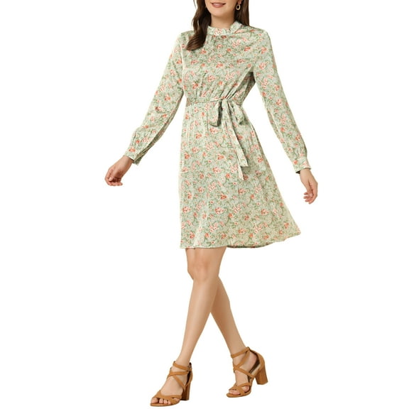 INSPIRE CHIC Women's Floral Dress Mock Neck Long Sleeve Tie Waist Knee Length Boho Dress M Pea Green