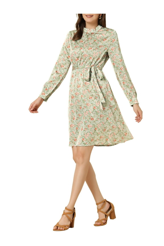 Women's Floral Dress Mock Neck Long Sleeve Tie Waist Knee Length Boho Dress XS Pea Green
