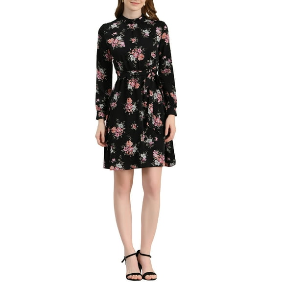 INSPIRE CHIC Women's Floral Dress Mock Neck Long Sleeve Tie Waist Knee Length Boho Dress M Blacks