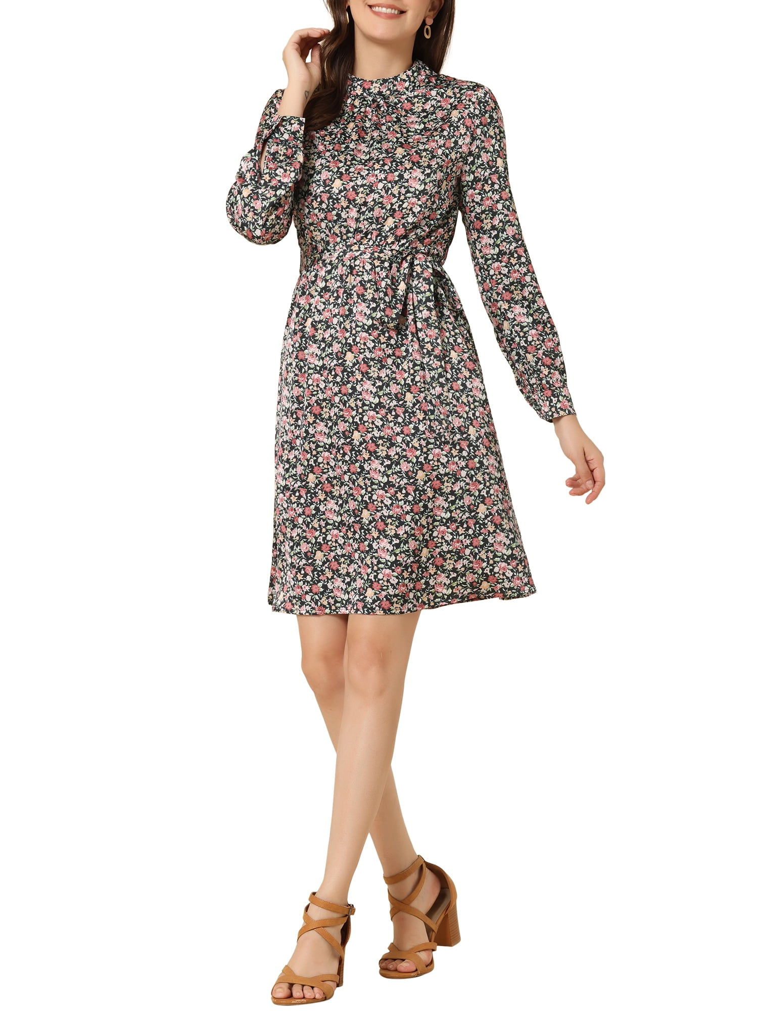 Allegra K Women's Glitter Sequin Dress - V Neck, Long Sleeve, Tie Waist A-Line Party Dress