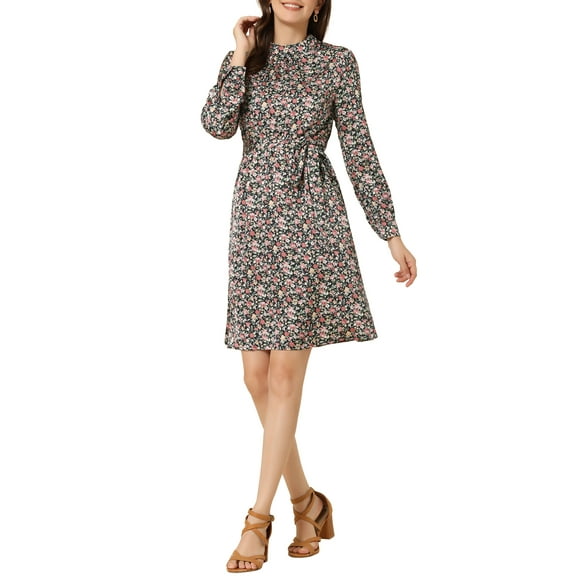 INSPIRE CHIC Women's Floral Dress Mock Neck Long Sleeve Tie Waist Knee Length Boho Dress XS Black Red
