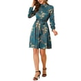 thumbnail image 1 of INSPIRE CHIC Women's Floral Dress Mock Neck Long Sleeve Tie Waist Knee Length Boho Dress M Satin Peacock Blue, 1 of 8