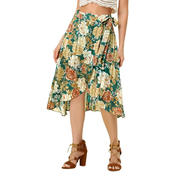 INSPIRE CHIC Women's Floral Glitter High Waist Tie Asymmetric Hem Chiffon Midi Wrap Skirt Green XL