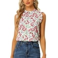 thumbnail image 1 of INSPIRE CHIC Women's Floral Keyhole Ruched Sleeveless Stand Collar Ruffle Top White M, 1 of 6