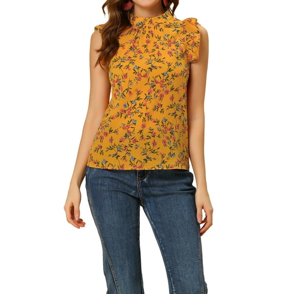 INSPIRE CHIC Women's Floral Keyhole Ruched Sleeveless Stand Collar Ruffle Top Yellow S