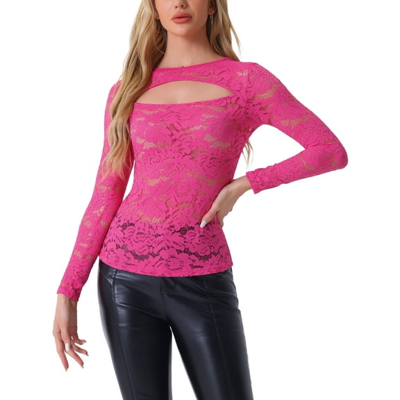 INSPIRE CHIC Valentine's Day Women's Floral Lace Cutout Front Long Sleeve See Through Sheer Blouse Top L Hot Pink