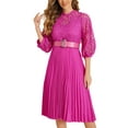 thumbnail image 1 of INSPIRE CHIC Women's Dress Floral Lace Sheer Mesh 3/4 Sleeves Belted Panel A-Line Pleated Dresses M Hot Pink, 1 of 6