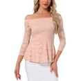 thumbnail image 1 of INSPIRE CHIC Women's Floral Lace Blouse Off Shoulder Sheer 3/4 Sleeve Peplum Top M Grey Pink, 1 of 5