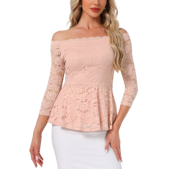 INSPIRE CHIC Women's Floral Lace Blouse Off Shoulder Sheer 3/4 Sleeve Peplum Top M Grey Pink