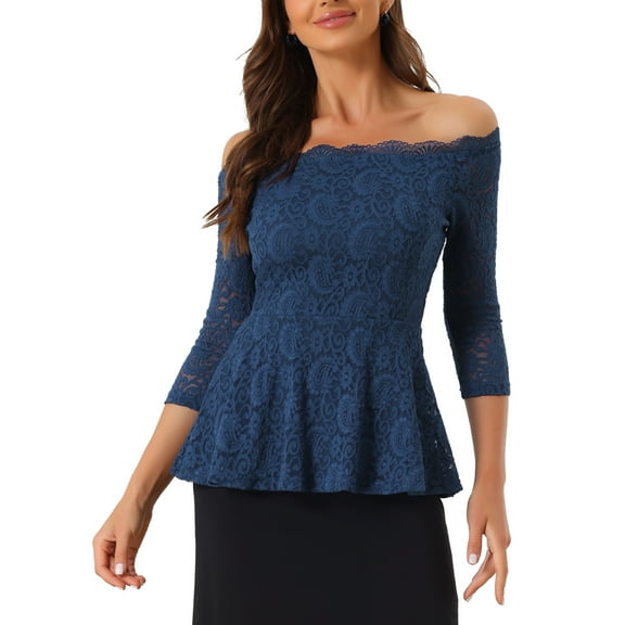 INSPIRE CHIC Women's Floral Lace Blouse Off Shoulder Sheer 3/4 Sleeve Peplum Top S Dark Blue