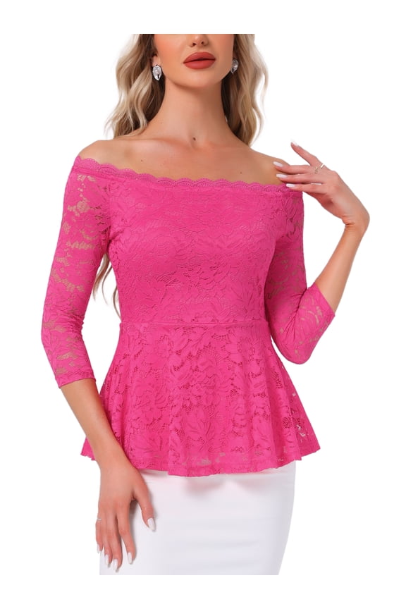 Women's Floral Lace Blouse Off Shoulder Sheer 3/4 Sleeve Peplum Top S Rose Red