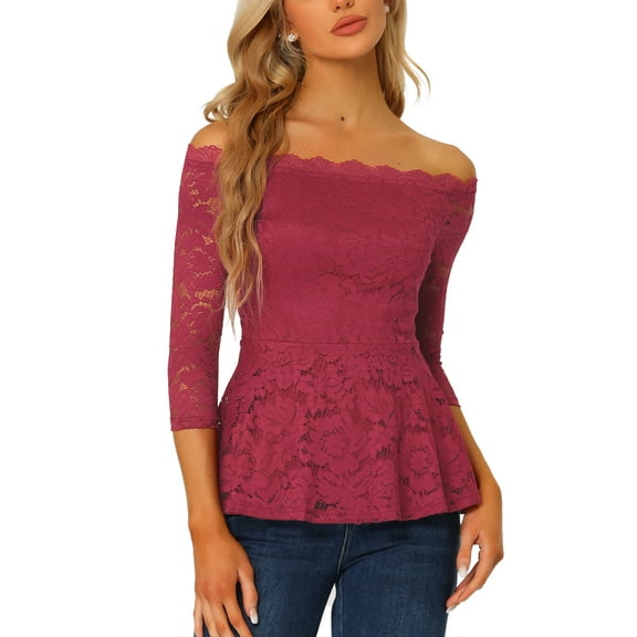 INSPIRE CHIC Women's Floral Lace Blouse Off Shoulder Sheer 3/4 Sleeve Peplum Top XS Burgundy