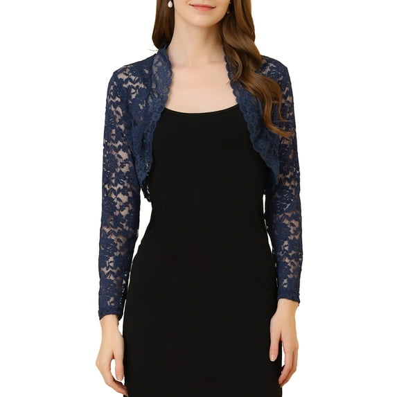 INSPIRE CHIC Women's Floral Lace Sheer Open Front Bolero Shrug Cropped Cardigan L Dark Blue