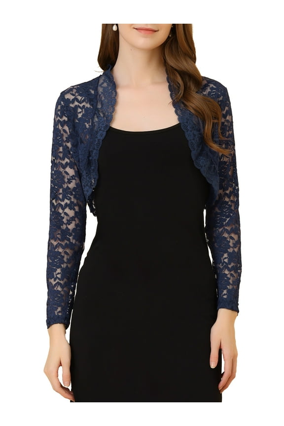 Women's Floral Lace Sheer Open Front Bolero Shrug Cropped Cardigan L Dark Blue