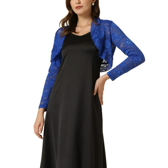 INSPIRE CHIC Women's Floral Lace Sheer Open Front Bolero Shrug Cropped Cardigan L Royal Blue