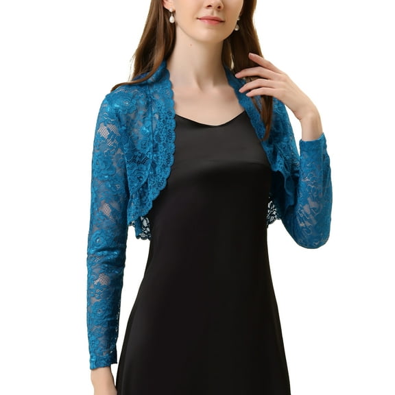 INSPIRE CHIC Women's Floral Lace Sheer Open Front Bolero Shrug Cropped Cardigan M Blue