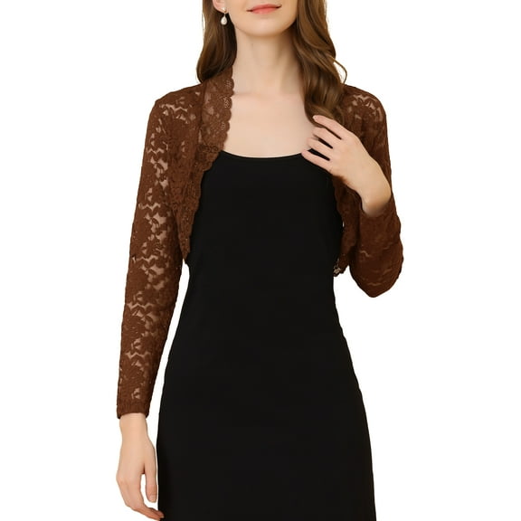 INSPIRE CHIC Women's Floral Lace Sheer Open Front Bolero Shrug Cropped Cardigan M Brown