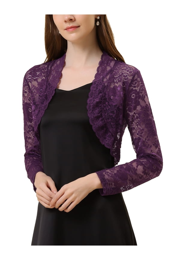 Women's Floral Lace Sheer Open Front Bolero Shrug Cropped Cardigan M Purple