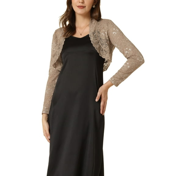 INSPIRE CHIC Women's Floral Lace Sheer Open Front Bolero Shrug Cropped Cardigan S Camel