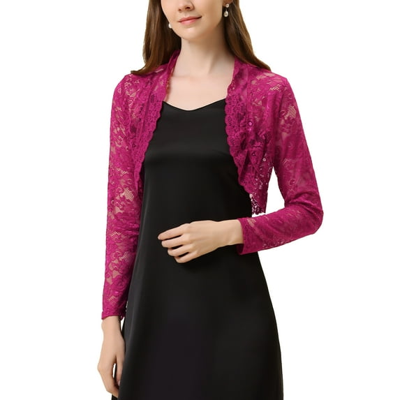 INSPIRE CHIC Women's Floral Lace Sheer Open Front Bolero Shrug Cropped Cardigan S Fushcia
