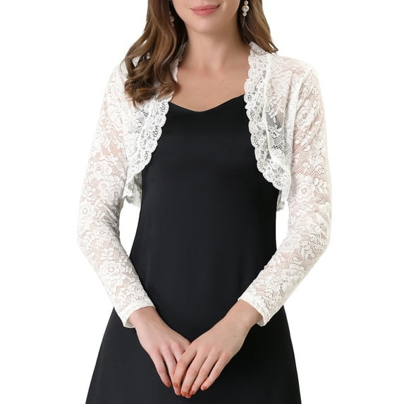INSPIRE CHIC Women's Floral Lace Sheer Open Front Bolero Shrug Cropped Cardigan S White