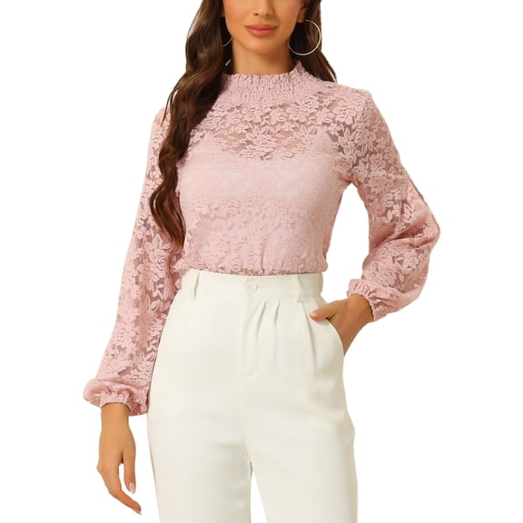 INSPIRE CHIC Women's Floral Lace Top Turtleneck Puff Long Sleeve See Through Sheer Blouse L Pink