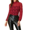 thumbnail image 1 of INSPIRE CHIC Women's Floral Lace Top Turtleneck Puff Long Sleeve See Through Sheer Blouse XL Dark Red, 1 of 6