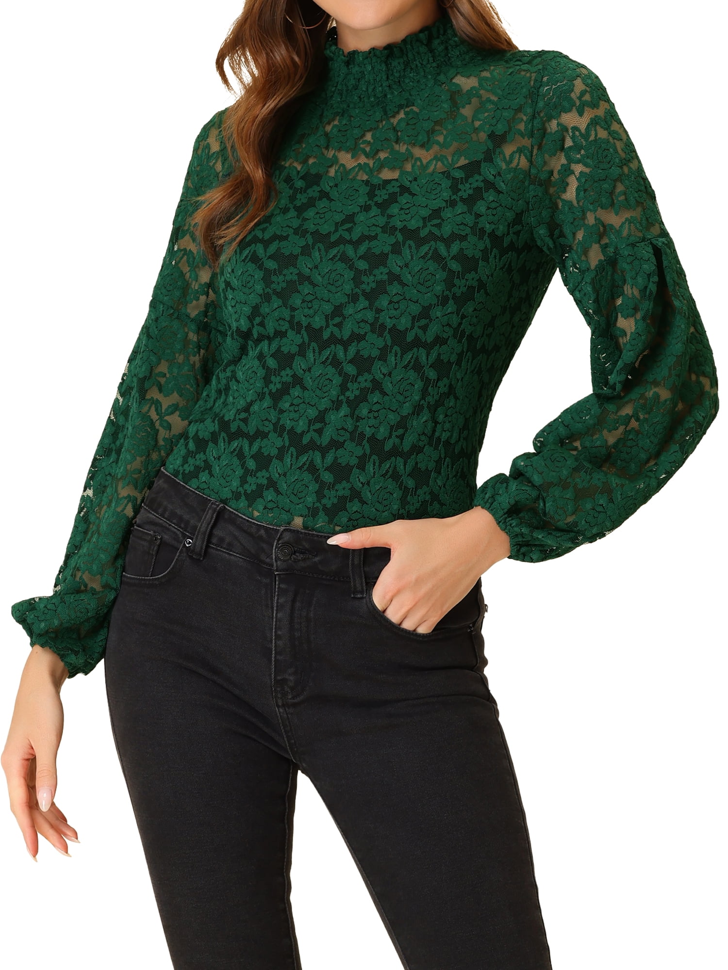 INSPIRE CHIC Women's Floral Lace Top Turtleneck Puff Long Sleeve
