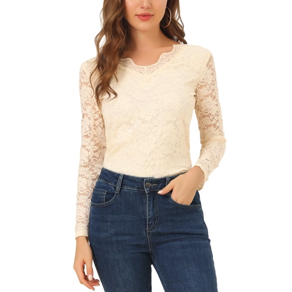 INSPIRE CHIC Valentine's Day Women's Floral Lace Top V-Neck Long Sleeve Lace Scalloped Trim Blouse M Beige