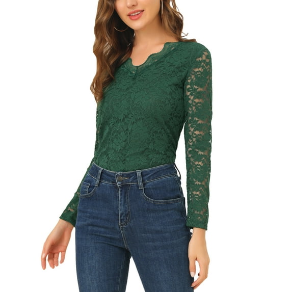 INSPIRE CHIC Valentine's Day Women's Floral Lace Top V-Neck Long Sleeve Lace Scalloped Trim Blouse M Dark Green