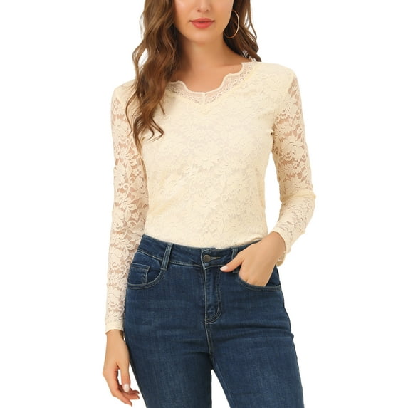 INSPIRE CHIC Valentine's Day Women's Floral Lace Top V-Neck Long Sleeve Lace Scalloped Trim Blouse S Beige