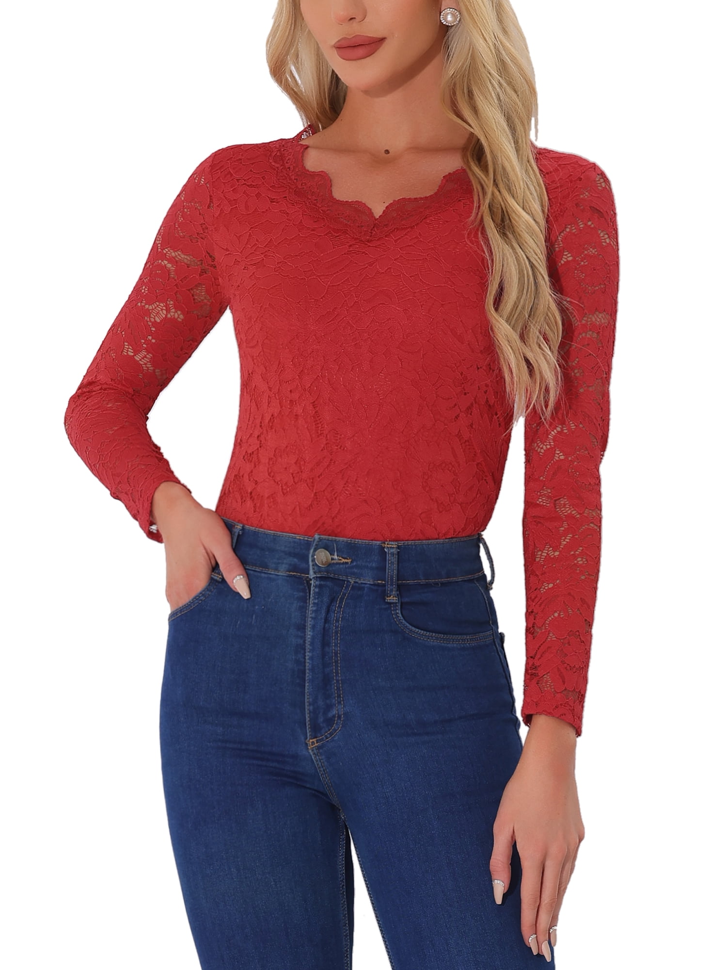Red Floral Print Lace up V Neck Flounce Sleeve Blouse