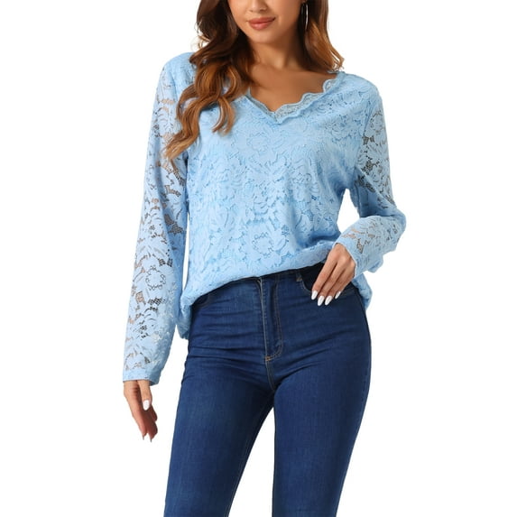 INSPIRE CHIC Valentine's Day Women's Floral Lace Top V-Neck Long Sleeve Lace Scalloped Trim Blouse XS Sky Blue